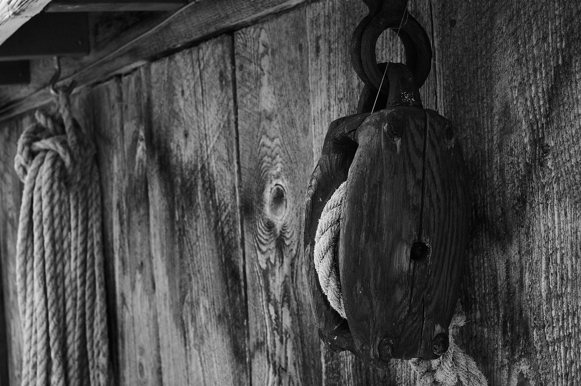 Woden block also known as pulley hanging from the side of an old fishing shanty with a hemp rope hanging in the background